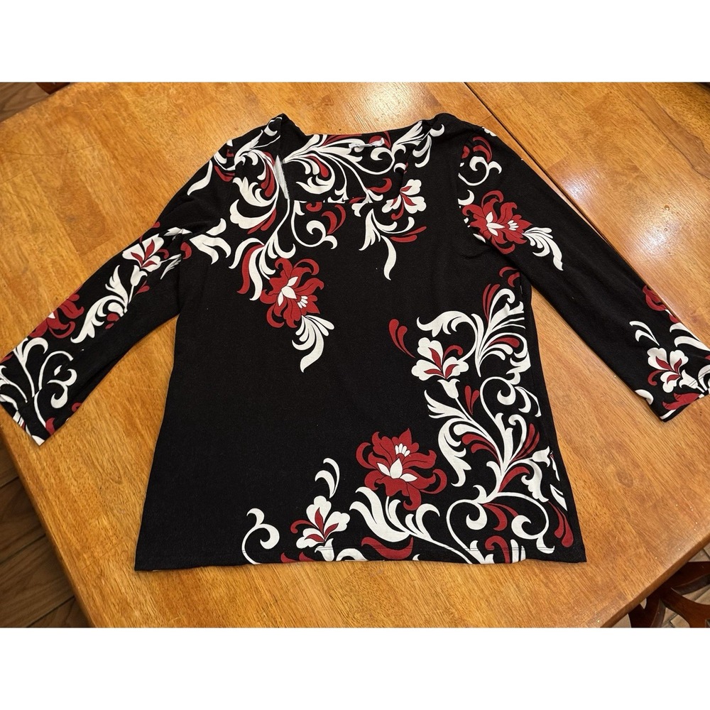 Chicos Women's Size 2 Black Red White Floral Swirl Square Neck 3/4 Sleeve Casual